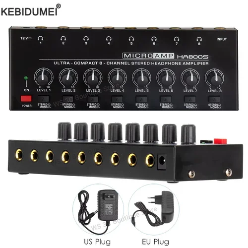 Mini amplificador de auriculares HA800S, amplificador de Audio estéreo Ultra compacto de 8 canales con adaptador de corriente, divisor de auriculares
