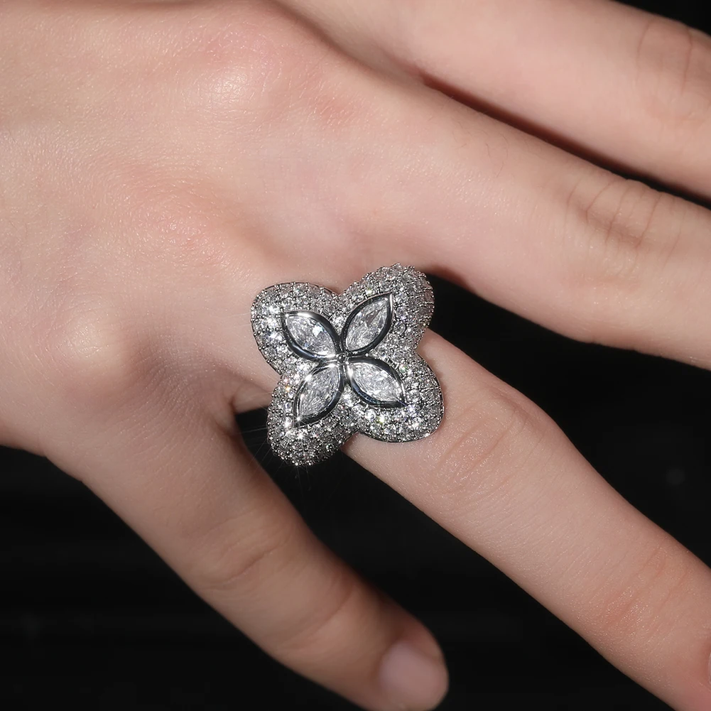 THE BLING KING Clover Flower Rings Micro Paved Out Green Cubic Zirconia Punk Ring Hiphop Jewelry For Men Women Party Gift