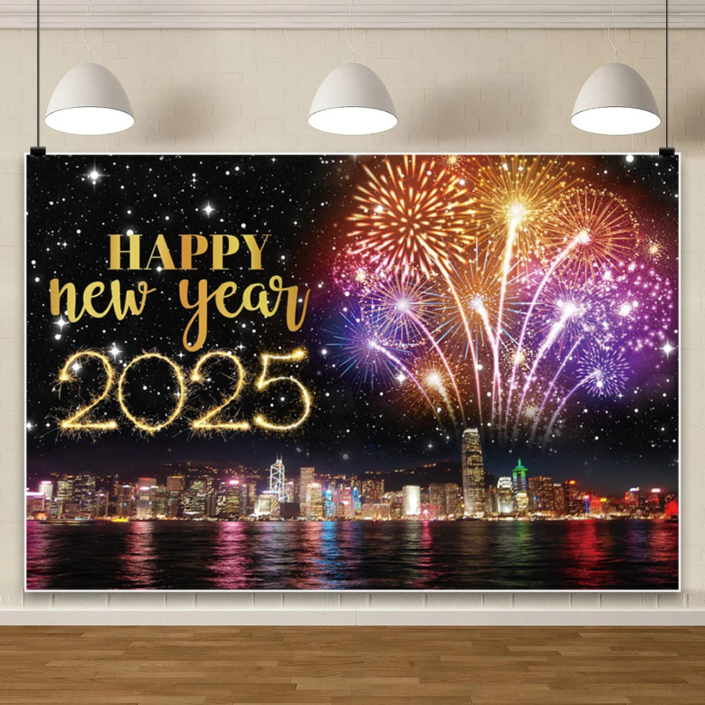 

2025 Happy New Year Party Backdrop Fireworks Clocks Champagne Gold Balloons Home Party Banner Decoration Photography Background