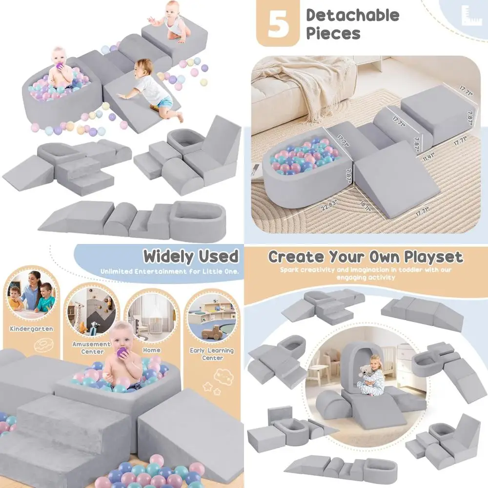 Schaumstoff-Kletterblöcke für Kleinkinder mit Bällebad, weiches Spielzentrum (Bälle nicht im Lieferumfang enthalten) – Grau