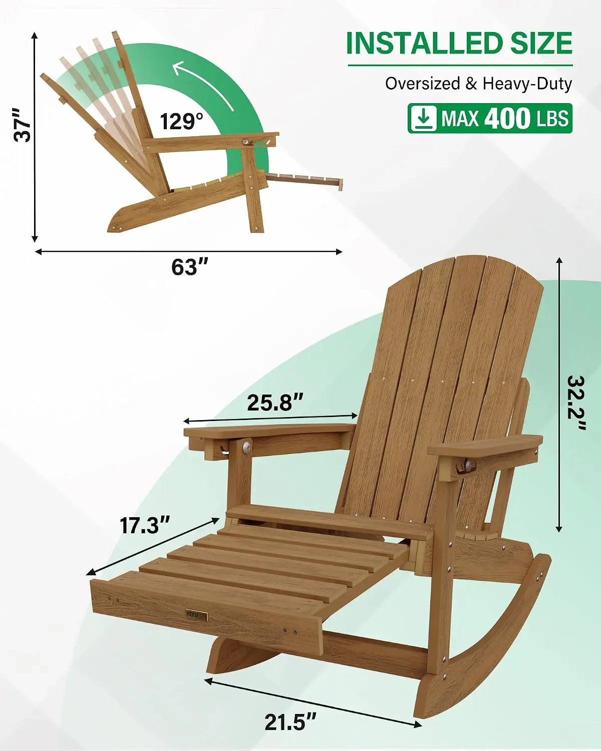 All-Weather Rocking Chairs Set of 4 with Footrest for Patio Garden, Walnut, Customized