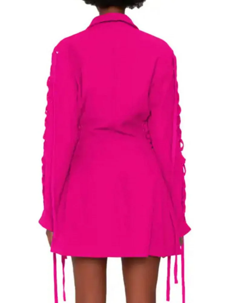 Zmeina blazer feminino rosa quente com mangas de renda e botão detalhe lateral frontal decote em v profundo casual chique roupa de festa zm3341