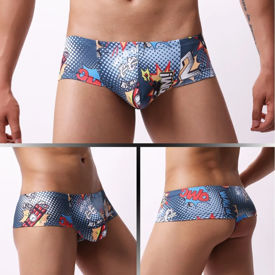 Summer Low Waisted Sexy Men's Swim Trunks Printed U-shaped Mesh Underwear Gay Bikini Breathable Moisture Wicking Swim Briefs