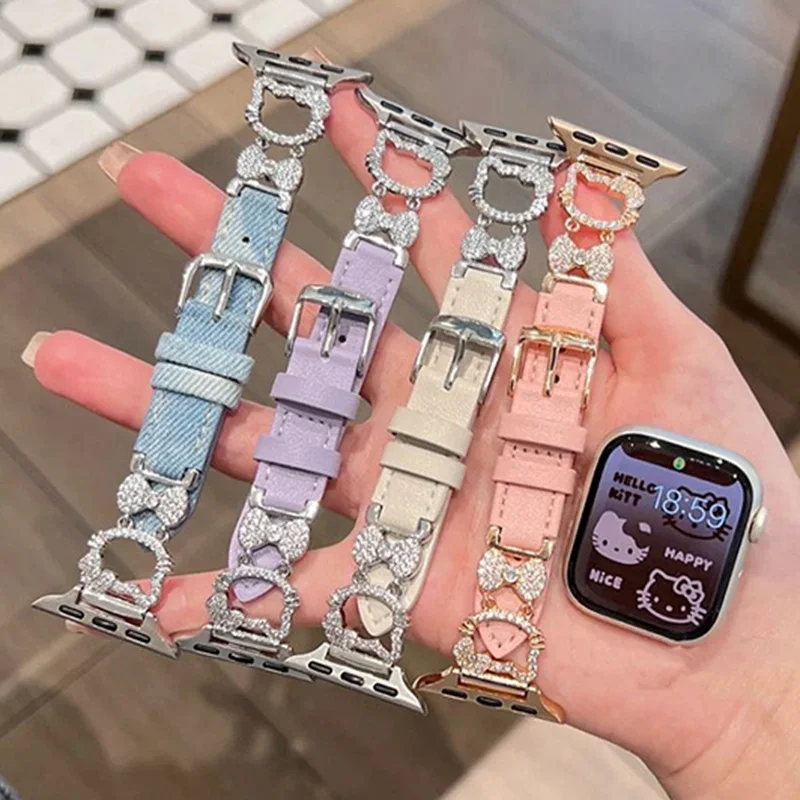 Kawaii Hello Kitty Apple Watch Watch Strap Cute Cartoon Leather Full Diamond for Iwatch 38 44 46 42mm S10 Women Watch Strap Gift