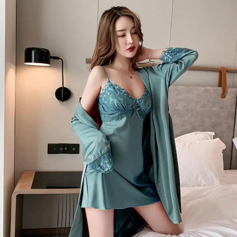 Lace Flower 2PCS Kimono Robe Set Female Sleepwear Intimatye Lingerie Loungewear Bathrobe Gown Satin Homewear Nightwear