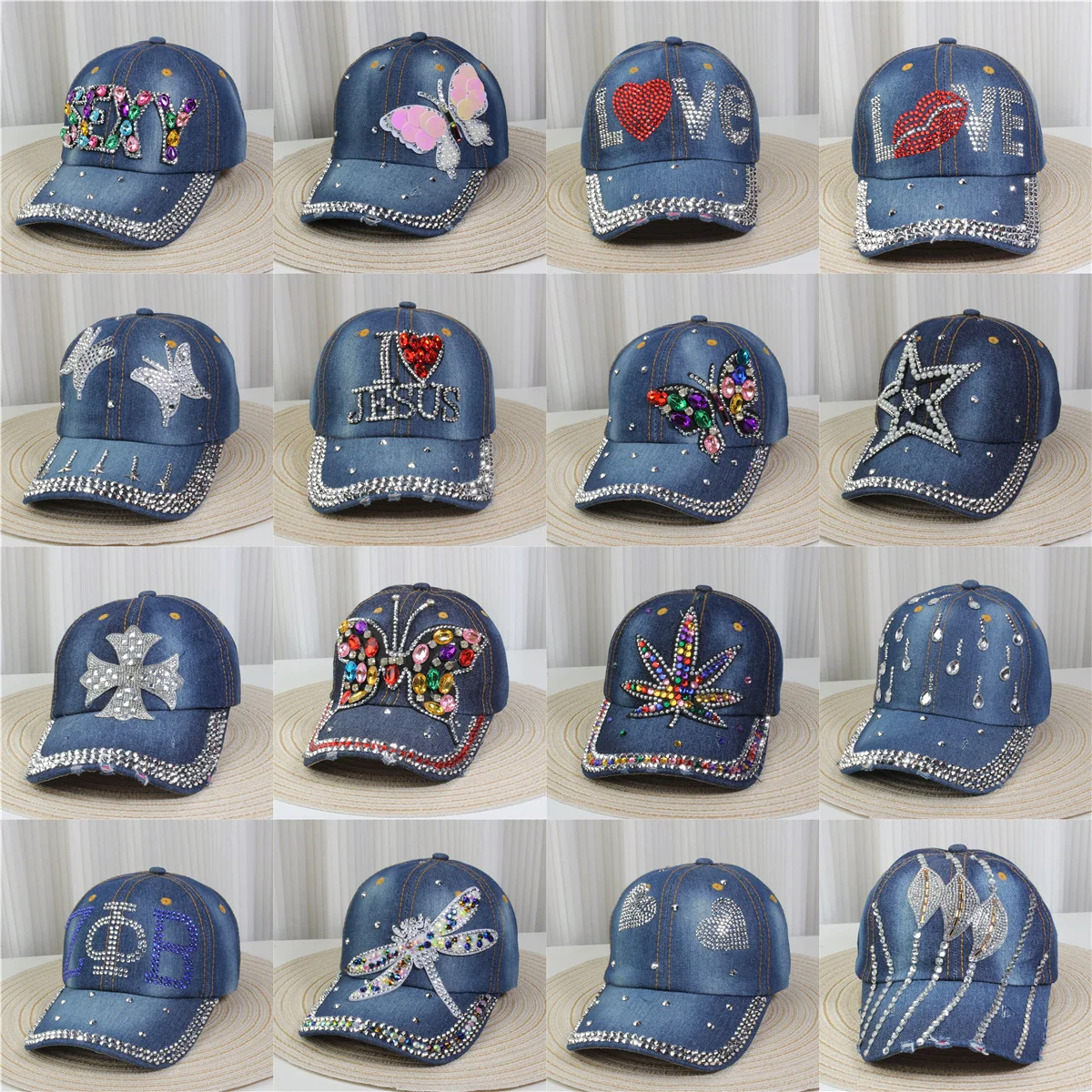 

Fashionable Adjustable Denim Diamonds Breathable Baseball Caps Men and Women Summer Sunhat Sequins Casual Sports Peaked Cap