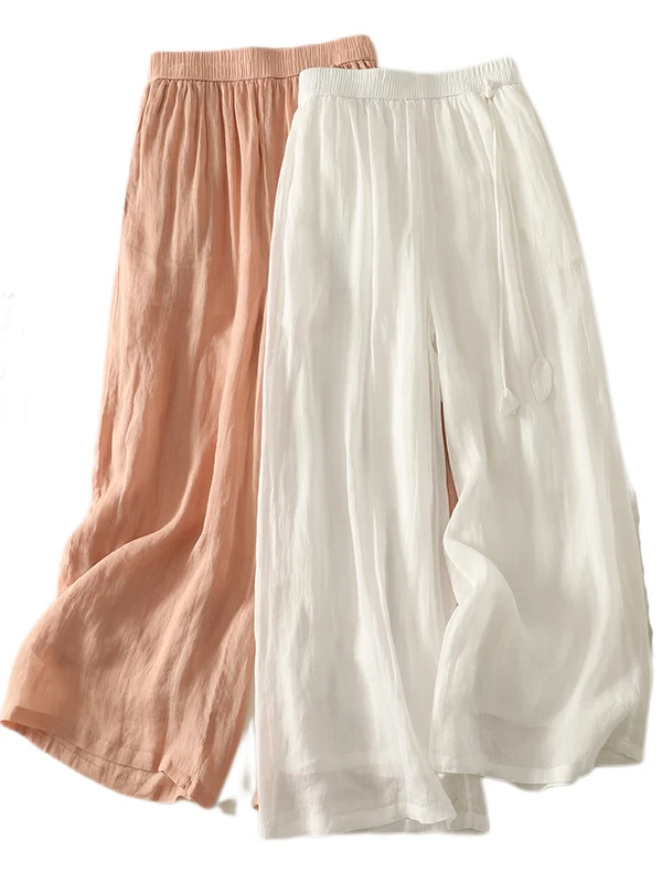 Pantalones de pierna ancha de doble capa falda mujer verano 2025 artístico Retro suelto drapeado ligero corte recto pantalones casuales de lino