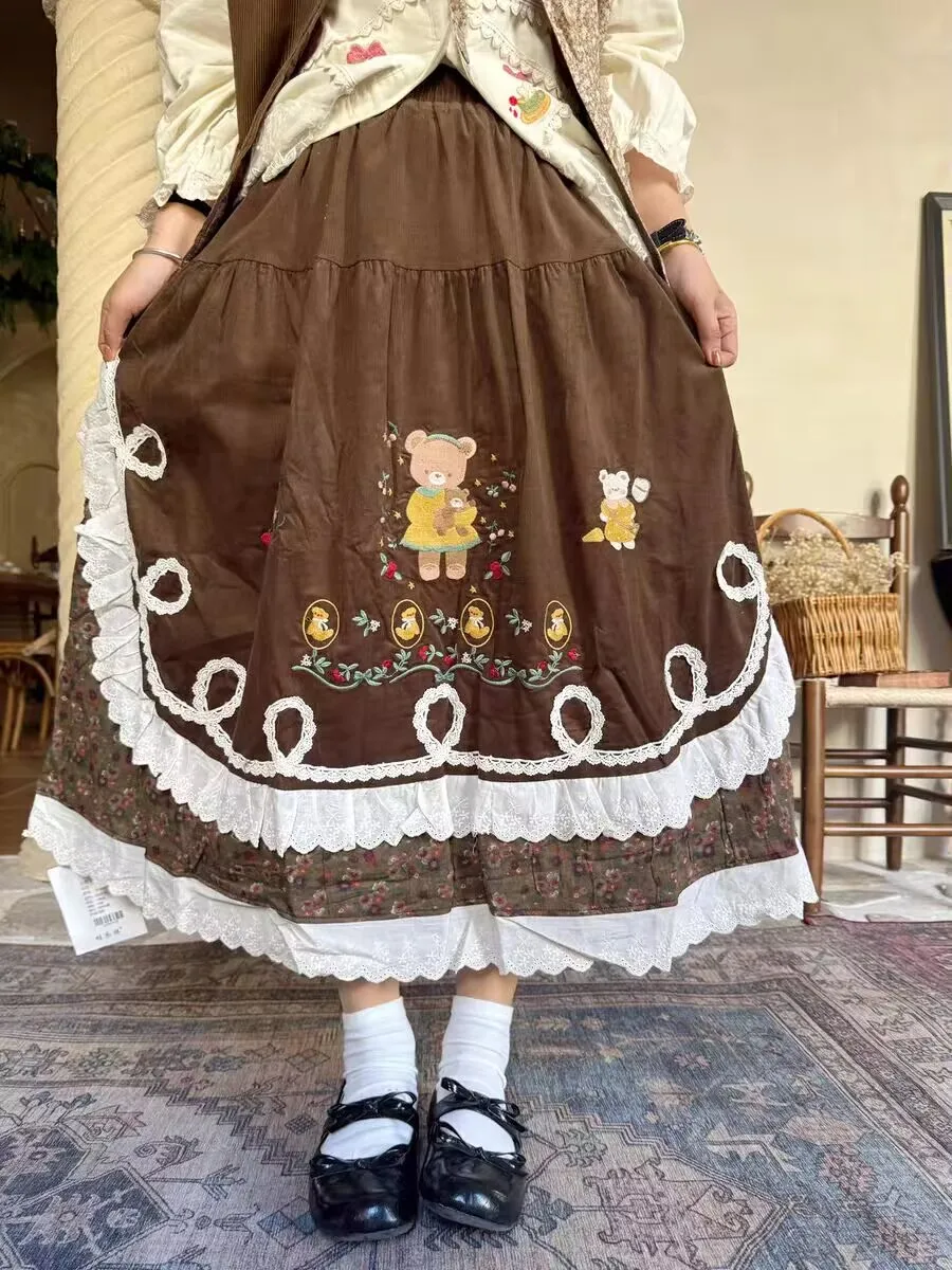 

Winter Fleece Japanese Moril Girl Brown Vintage Patchwork Cartoon Lace Long Skirt Female Sweet Retro Korean Midi Skirt
