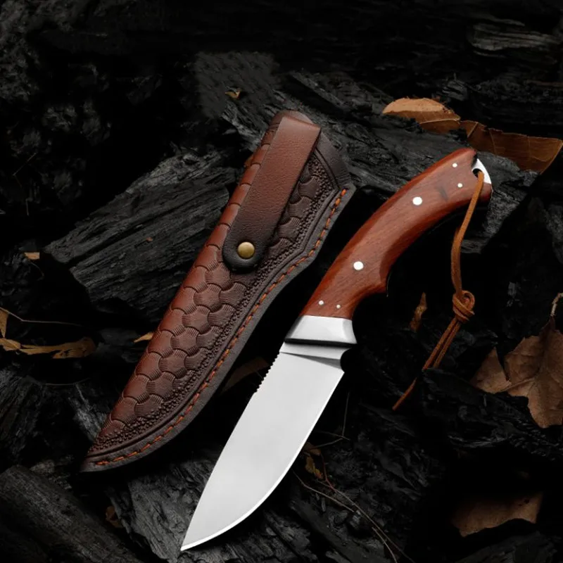 

New Fixed Blade Knife Tactical D2 Steel Blade Wood Handle Outdoor Camping Survival Tool With Leather Case EDC Hand Hunting Knife