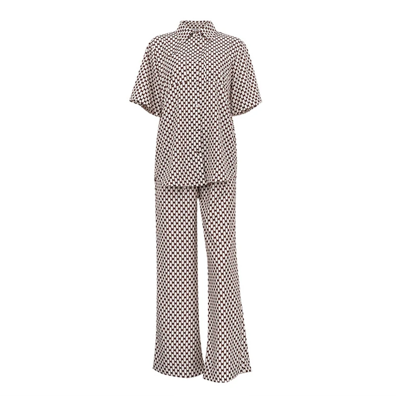 Home Clothes Summer Short Sleeve Blouse Two Piece Set For Women Elegant Loose Print Pants Set Fashion Wide Trouser Suits 2023