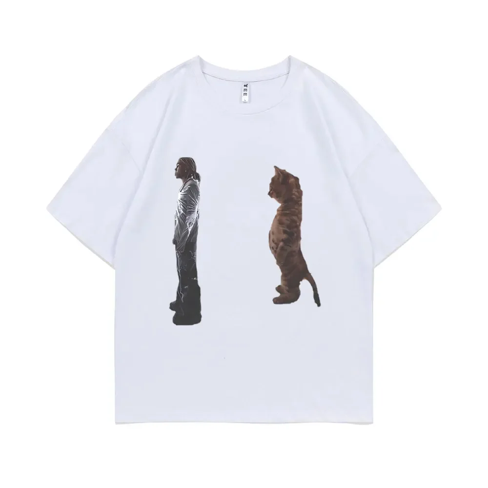 

European American Ins Standing Cat Graphic Print Male Female Pure Cotton T-shirt Summer Y2k Couple Personality Half-sleeved Top