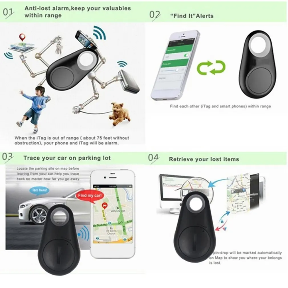 1/2pcs Mini Fashion Smart Dog Pets Bluetooth 4.0 GPS Tracker Anti-Lost Alarm Tag Wireless Child Bag Wallet Key Finder Locator