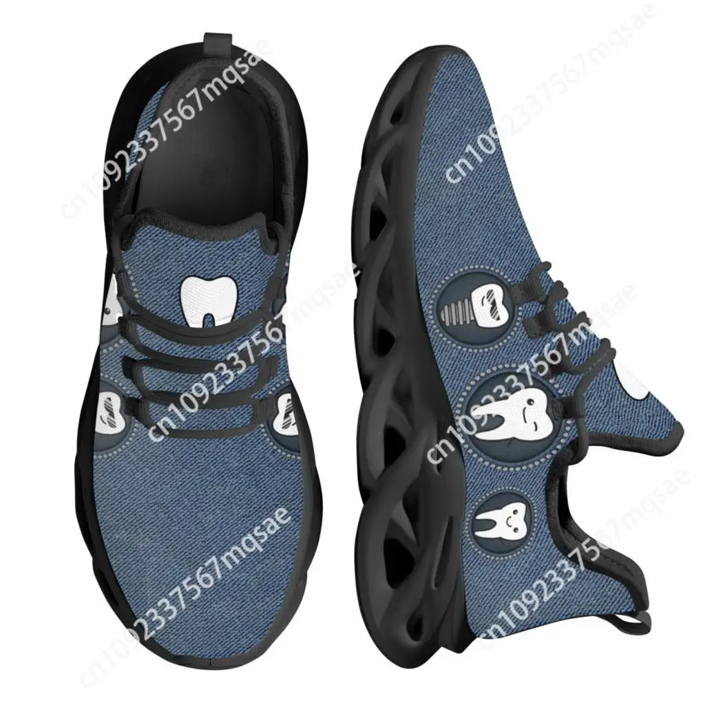 

Custom Funny Dentist Teeth Print Women's Flat Shoes Blue Lace-up Sneaker Summer Breathable Kint Footwear For Teen Girls