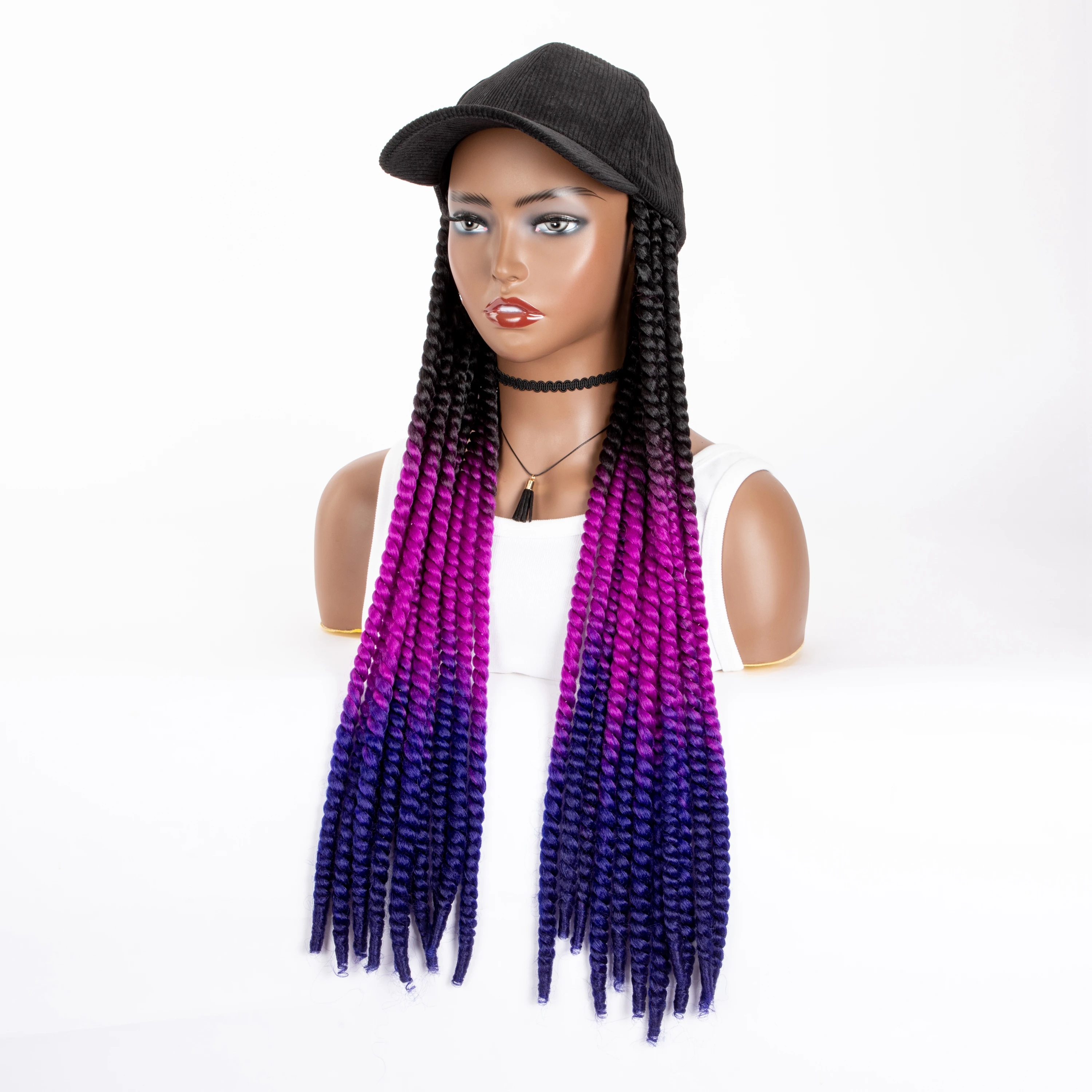 WIGERA Long 22Inch Braided Synthetic Wig With Baseball Cap Hot Sale Two-strand Spring Braids Hair Extensions With Hat