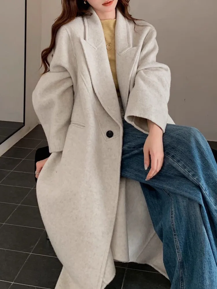 ZMEENNA レディース ロング ウール ブレンド コート ダブルブレスト 暖かい 冬 アウター エレガント ルーズ フィット クリーム ベージュ マキシ ZM4435