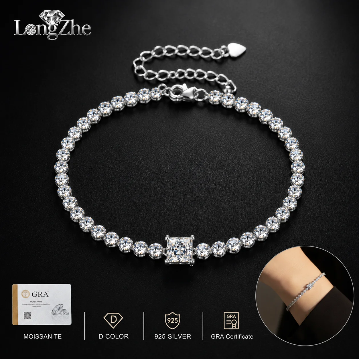 S925 Silver Moissanite Bracelet 5.5x5.5mm Square Cut Center Stone Single Row Tennis Chain for Women Daily Wear Fine Jewelry Gift