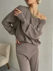 2024 Autumn One Shoulder Sexy Knit Two Piece Set Casual 2 Piece Tracksuit Women Knitted Pants Suit Pants and Top Matching Sets