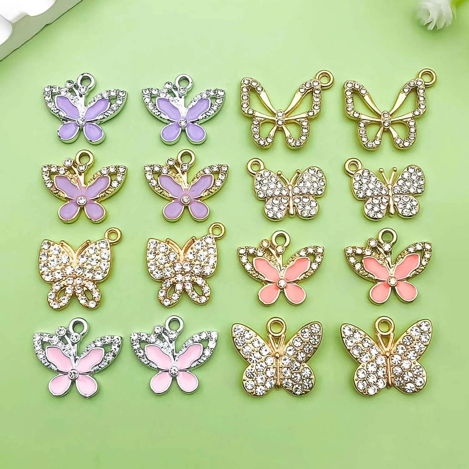 10/16pcs Colorful Enamel Inlay Rhinestone Butterfly Charms Alloy Pendants for DIY Bracelets Necklaces Jewelry Making Accessories