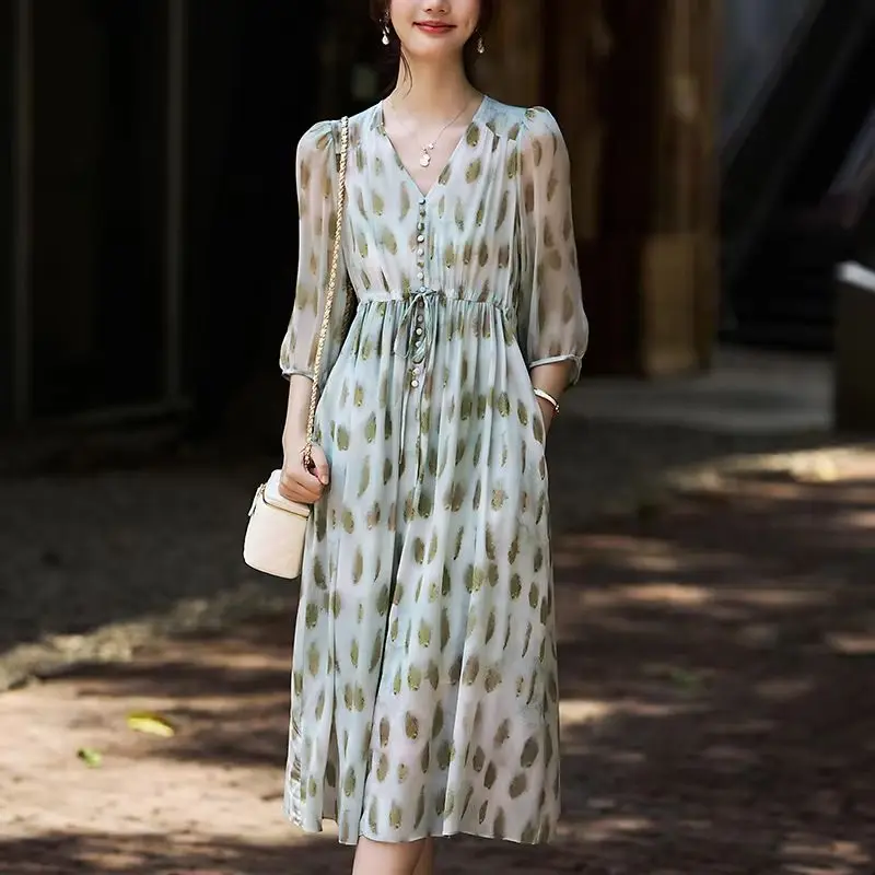 New 100% Real Silk Elegant Dresses For Women Summer V-neck Holiday Style Women's Long Dress Woman Fashion Print Dress A-line