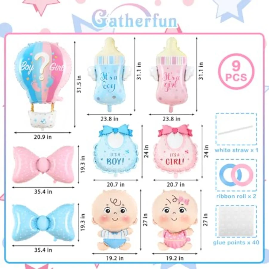 性別発表デコレーションセットには、男の子または女の子のベビーシャワー用ホイルバルーンが含まれています。男の子または女の子のベビーシャワーパーティーデコレーション用9個入りです。