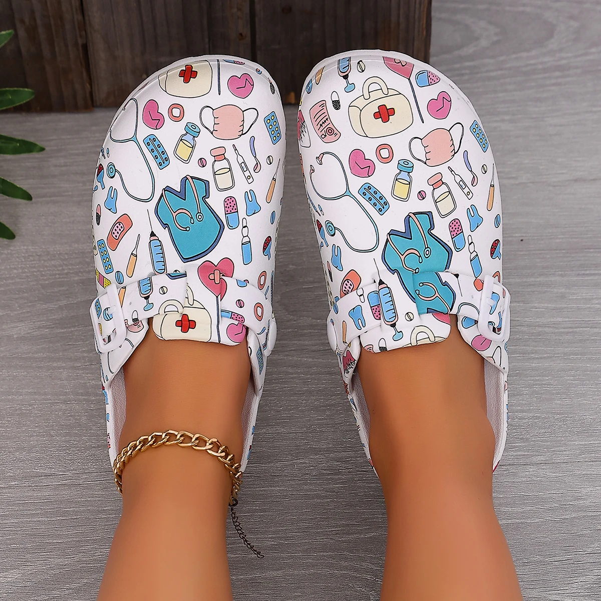 Women's Mules, Medical Cartoon Prints, Double Buckles, Comfortable and Durable, Doctor and Nurse Shoes, Everyday Home and Casual