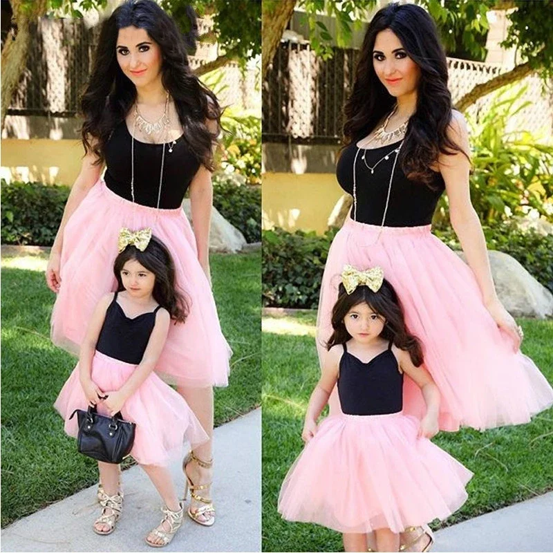 Summer Mom and Daughter Dress Pink Patchwork Mesh Princess Dress Family Matching Outfits Family Look Mommy and Me Clothes