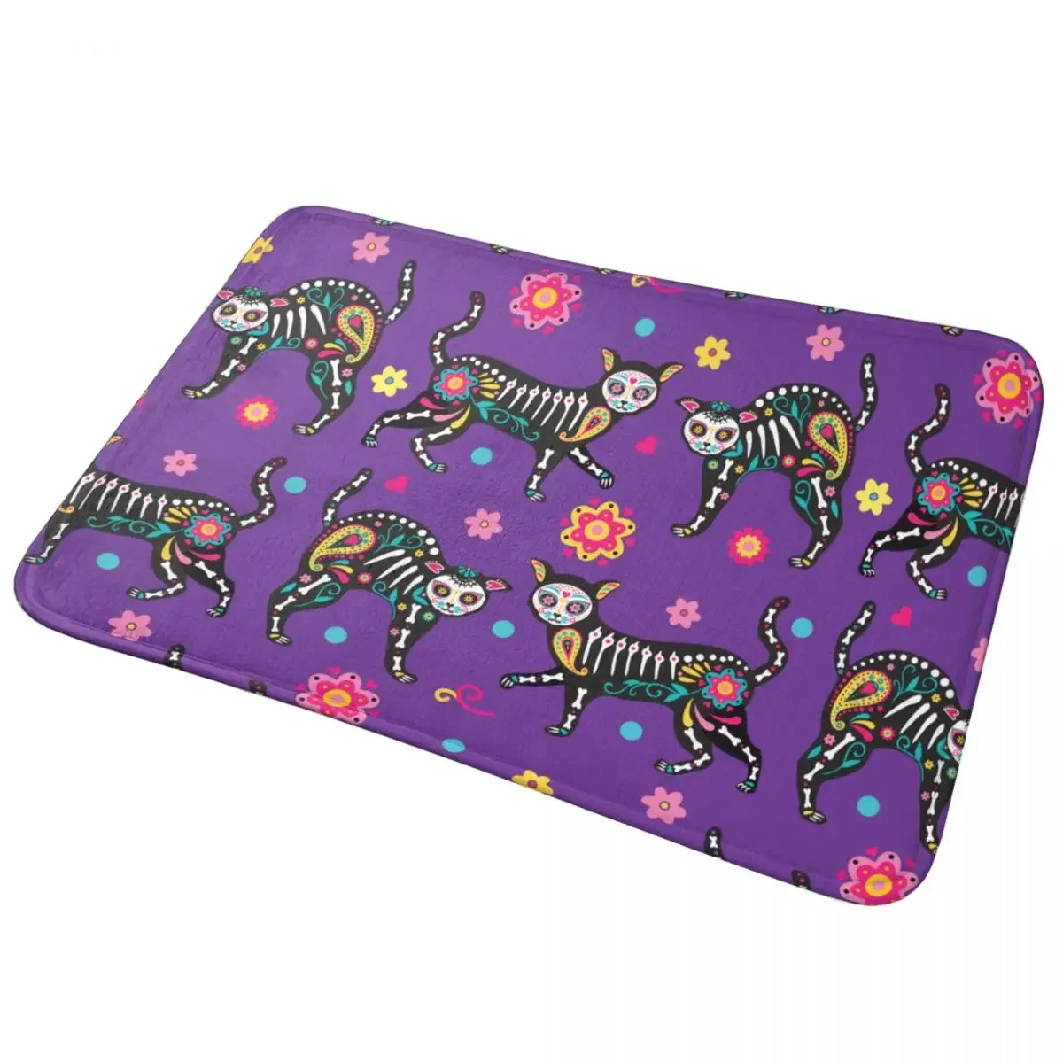 

Day Of The Dead Cat Skeleton Flowers Bathroom Rug Extra Soft Doormat Dia De Los Muertos Sugar Skull Calavera Bath Mat Non-Slip