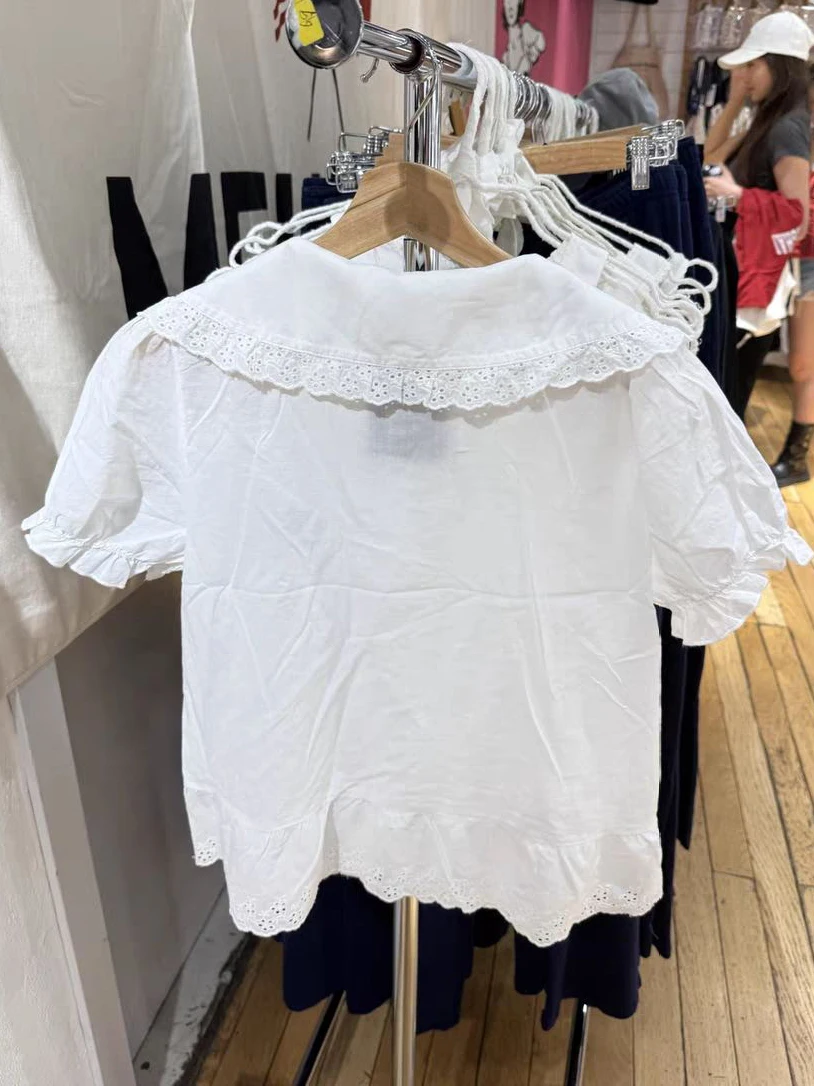 Chat avec nœud broderie T-shirt chemisier femme dentelle garniture col rabattu simple boutonnage manches bouffantes chemises blanc coton doux T-shirt