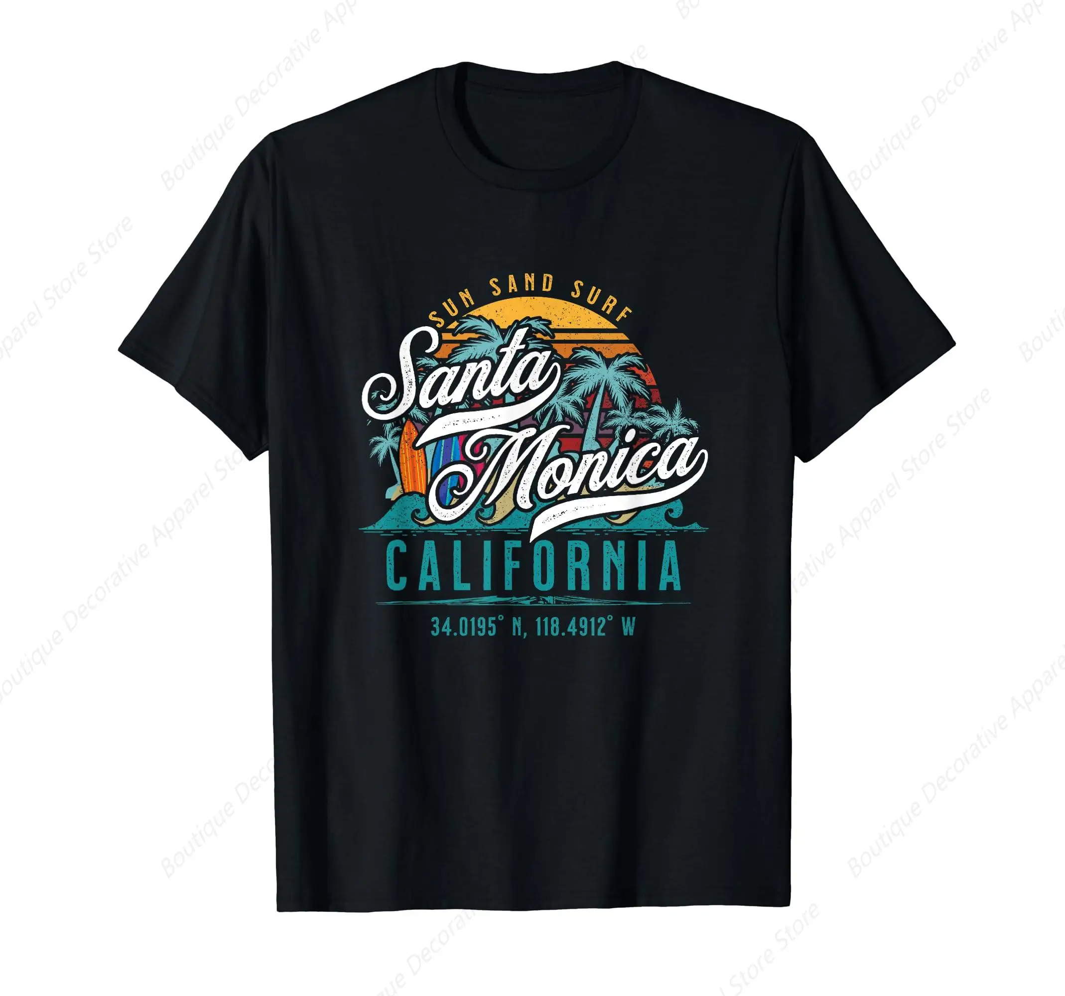 

Retro Santa Monica California Sun Sand Surf Beach Palm Trees T-Shirt