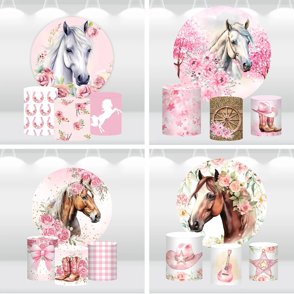 Cowgirl Round Backdrop Cover Kids Birthday Party Decoration Pink Bow Horse Baby Shower Banner Circle Background Cylinder Cover