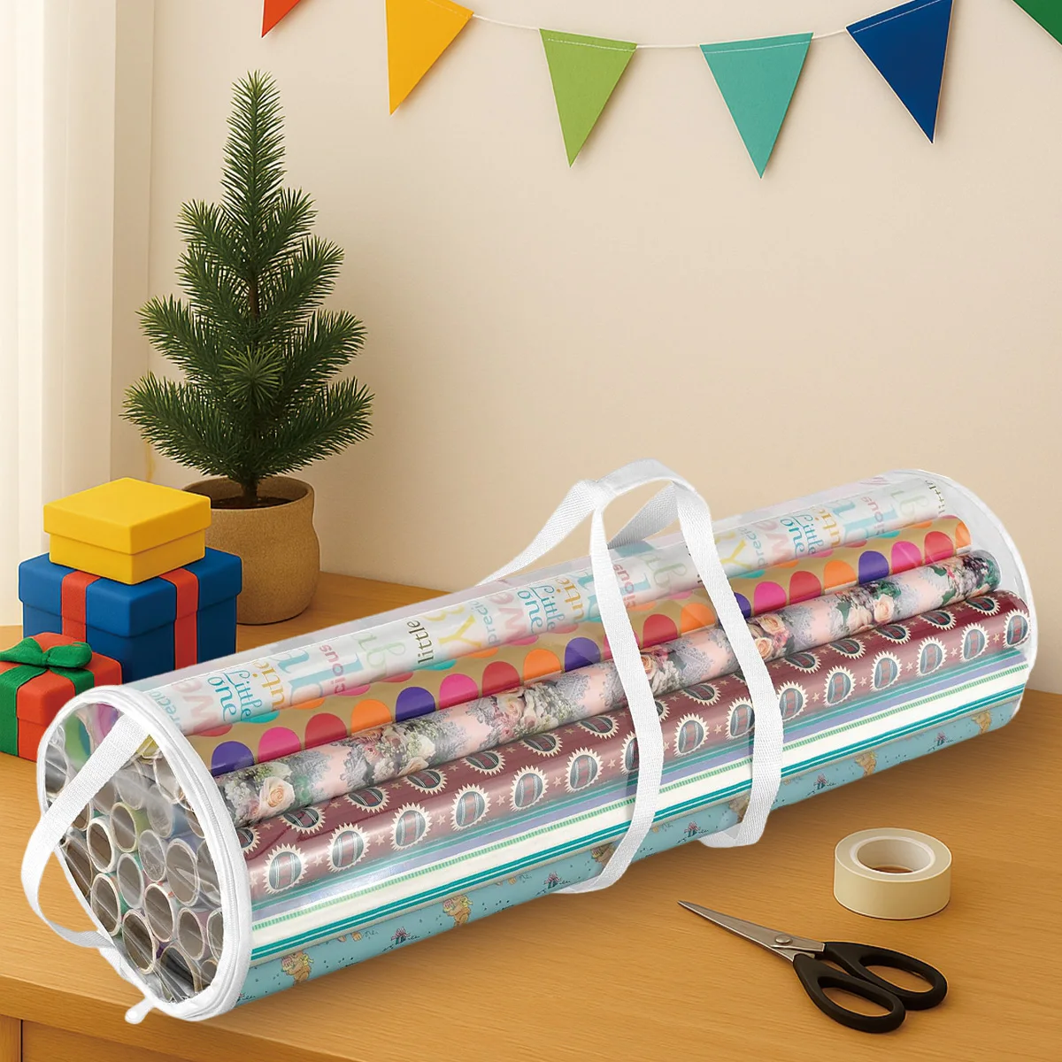 Gift Wrapping Paper Storage Transparent Storage Bag Holiday Paper Tube Zipper Packaging with Handle LargeCapacity Waterproof Bag