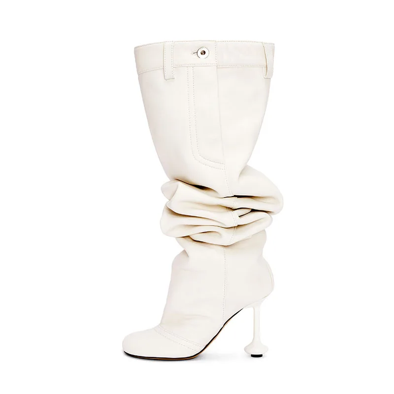 Arden Furtado 2024 Strange Style heel Thigh high boots Round toe Super high heel Patchwork Slip-on Pleated Modern boots