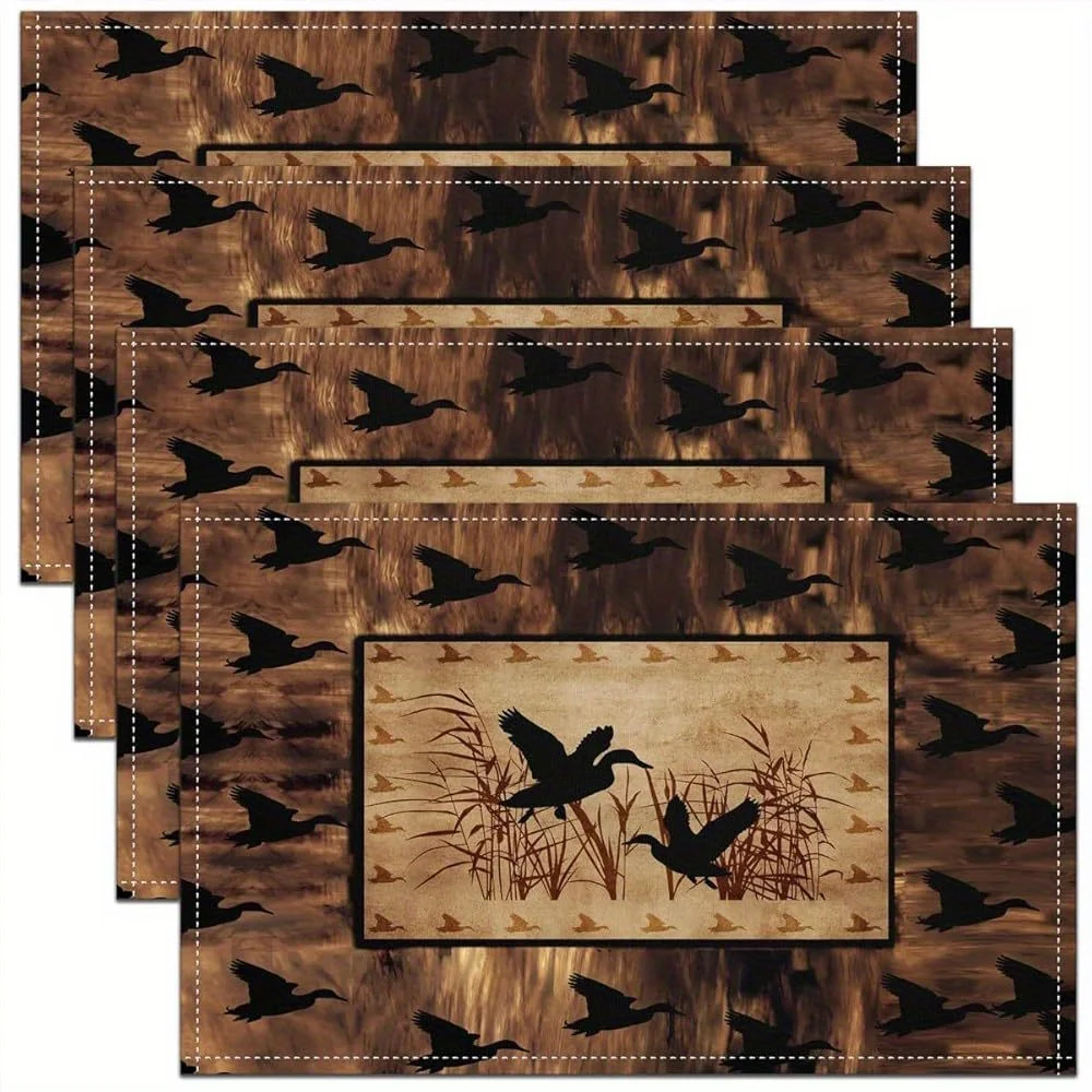 4pcs Flying Ducks Silhouette Placemat Set Linen Hunting Theme Table Mats for Rustic Decor