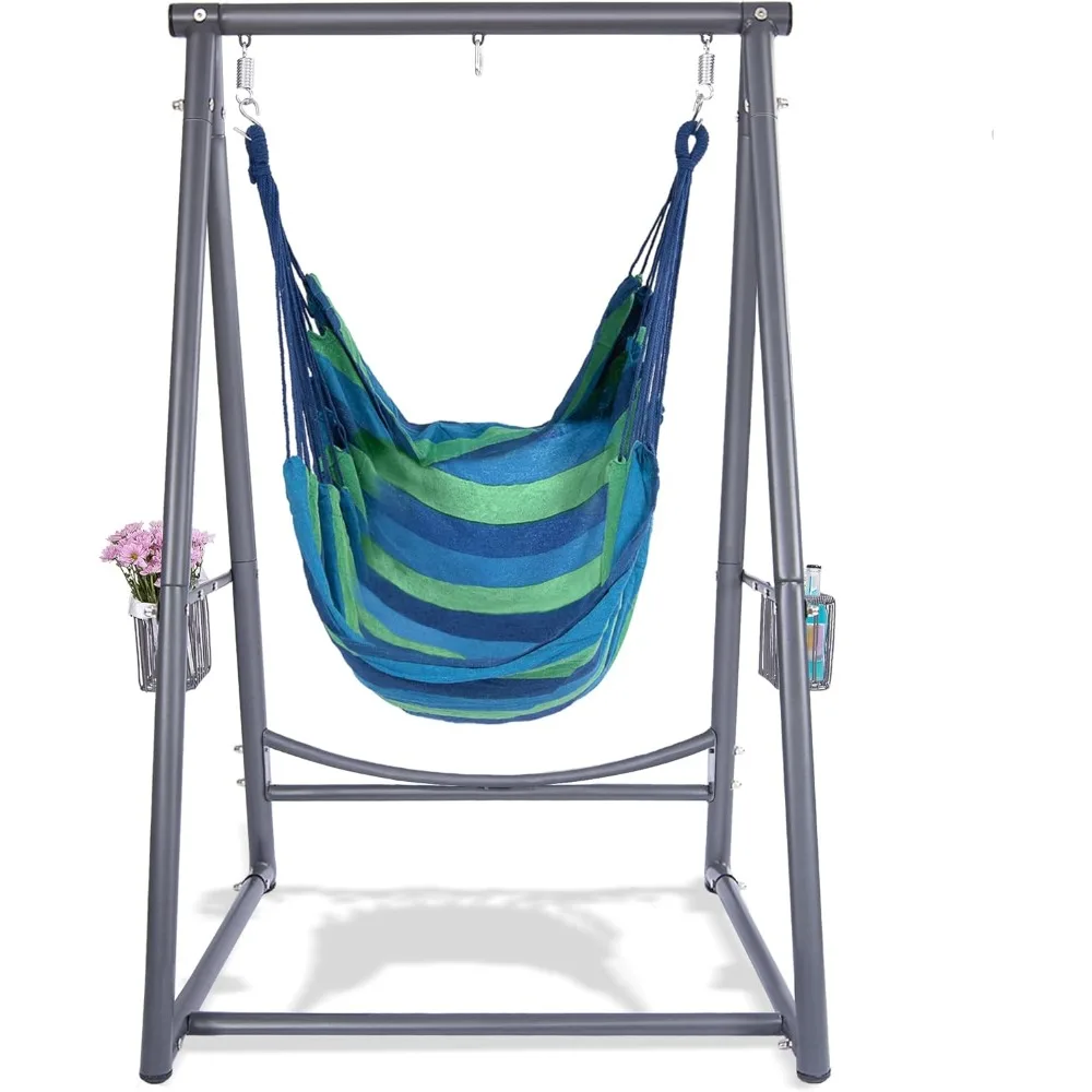 Hammock Chair Hanging Rope Swing & Stand Set with Two Holders, Heavy Duty Hanging Stand with Three Hooks, Multi-Use