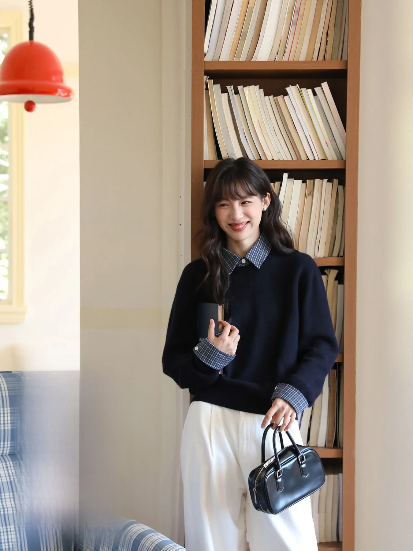 

Осенне-зимний вязаный шерстяной свитер женский, двусторонний, в клетку, белый, прямого кроя, для повседневной носки