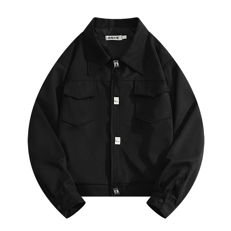 

Men's Flight Jackets Simple Fashion Black Jacket Women Turndown Colllar Single Breasted Long Sleeves Pockets Tops Coat