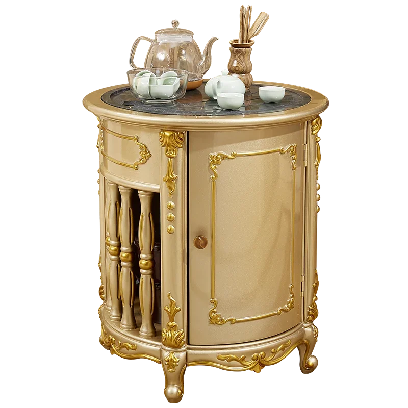 European style mobile tea table, household tea set, integrated solid wood champagne, gold tea cart