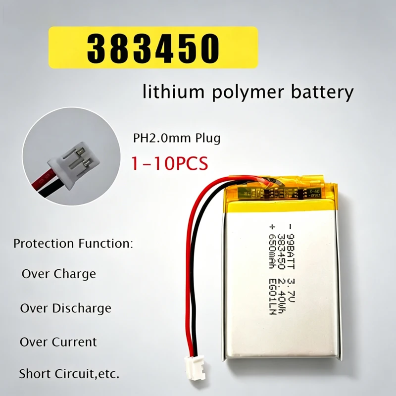383450 650mAh 3.7V Lithium Battery Rechargeable Polymer Batteries for Massager Bluetooth Headphones Speaker LED Light MP3 Toys