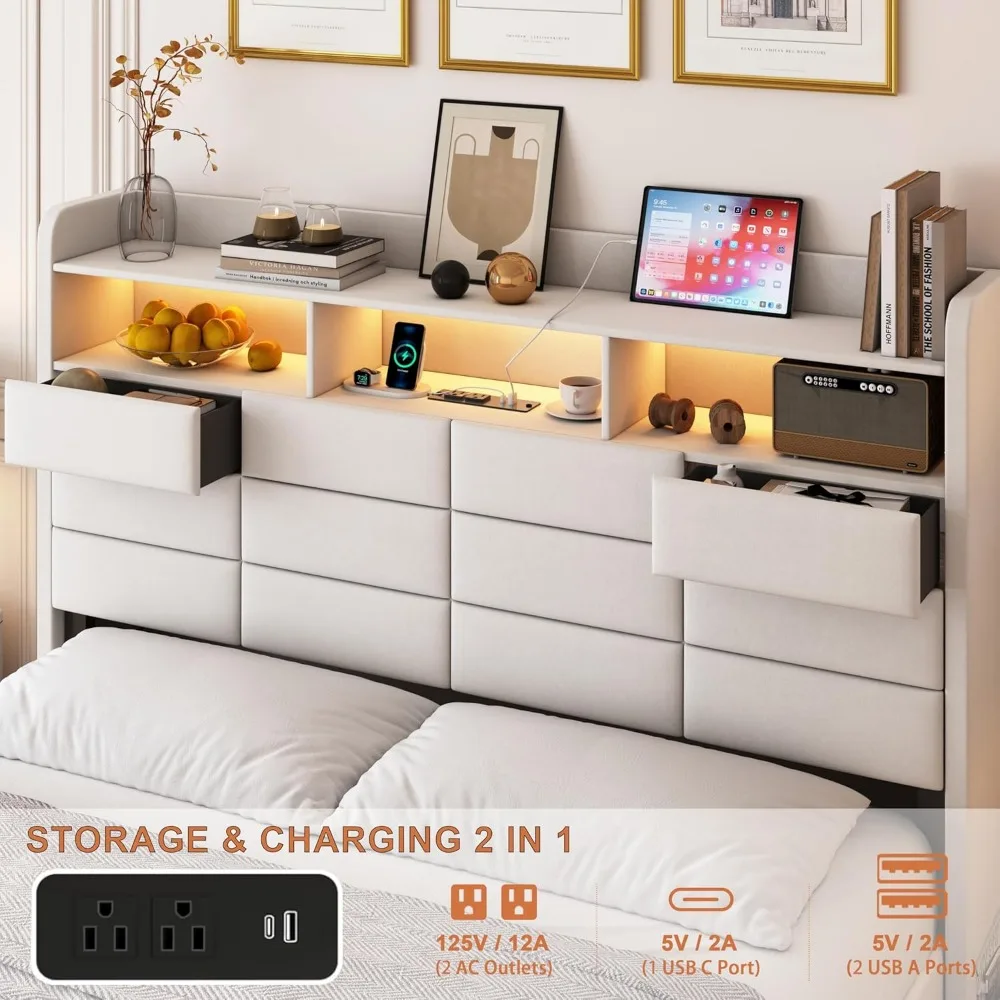 إطار سرير LED بحجم كوين مع مساحة تخزين ولوح رأسي مخملي ودرجين مخفيين ومحطة شحن #4
