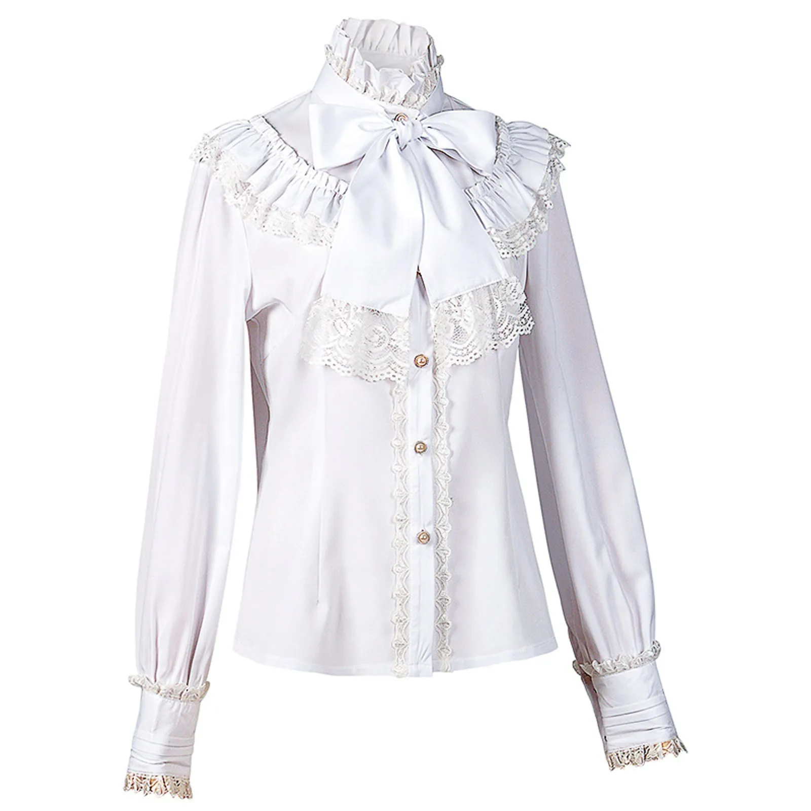 

Victorian Classic Shirt Women's Ruched Lace Shirts Gothic Lolita Vintage Long Sleeve Lotus Ruffle Solid Basic Blouse