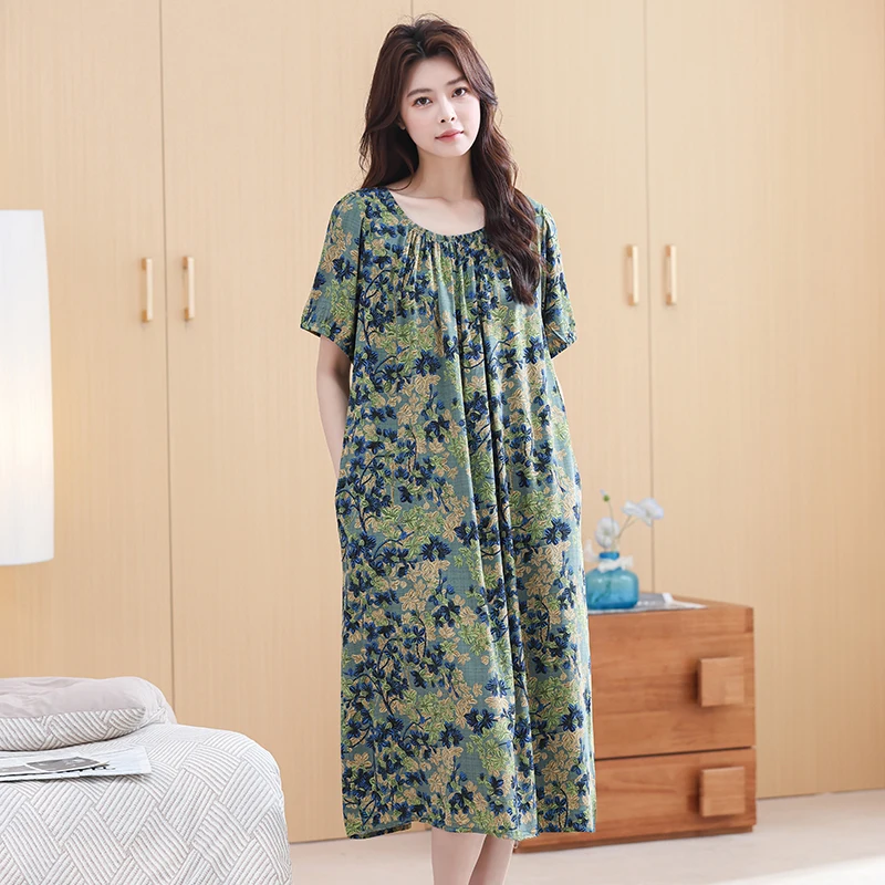 plus Size Double Pocket Silk Blend Short Sleeve Dress Mom Sleepwear Sweet Home Clothes Loose Sleepwear Summer Casual Home