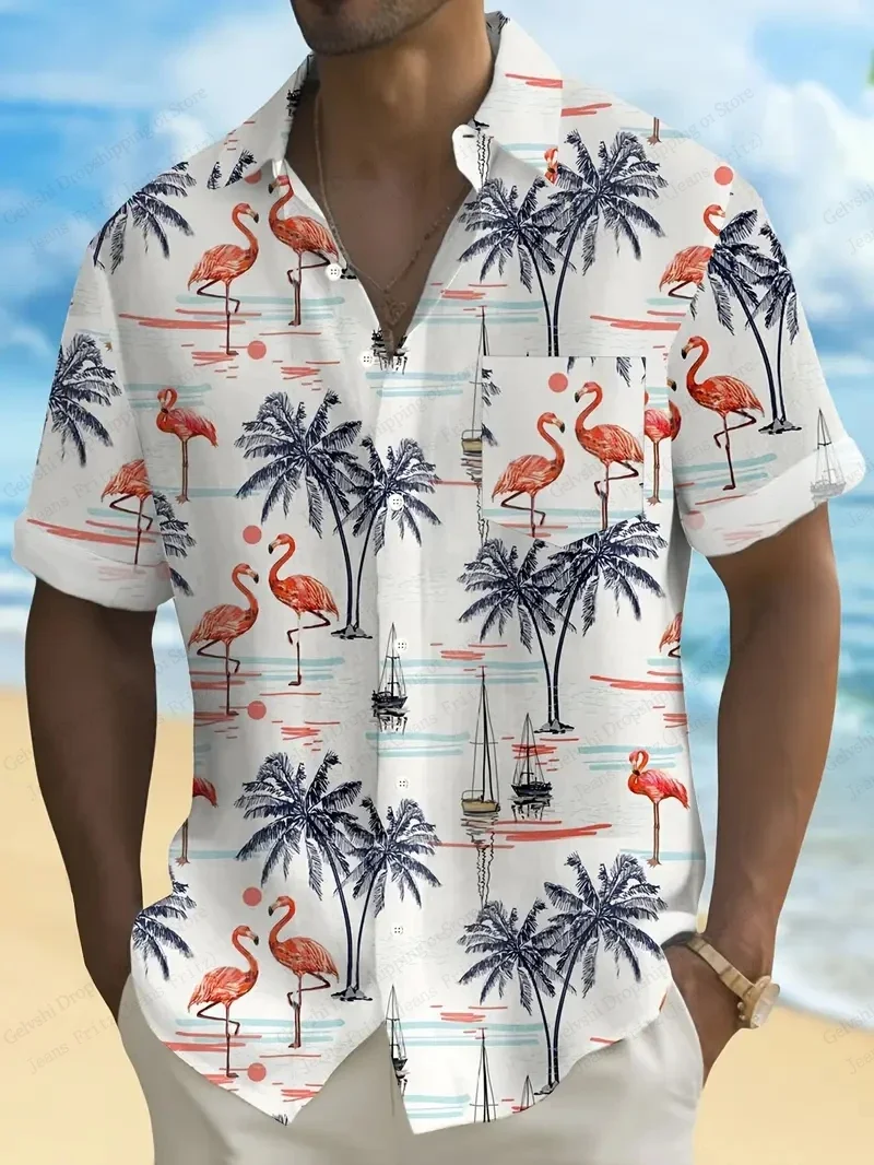 

Летняя мужская рубашка с гавайским принтом и изображением фламинго, свободного кроя, прохладная и дышащая, для пляжного отдыха, популярная модель.