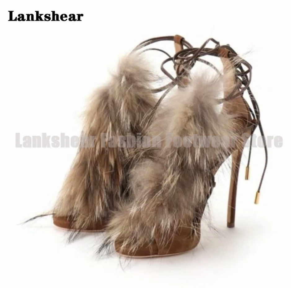 Fur Decor High Heel Lace Up Sandals Women Strappy Suede Stiletto Heel Elegant Party Dress Sandals Sandalias De Mujer Verano