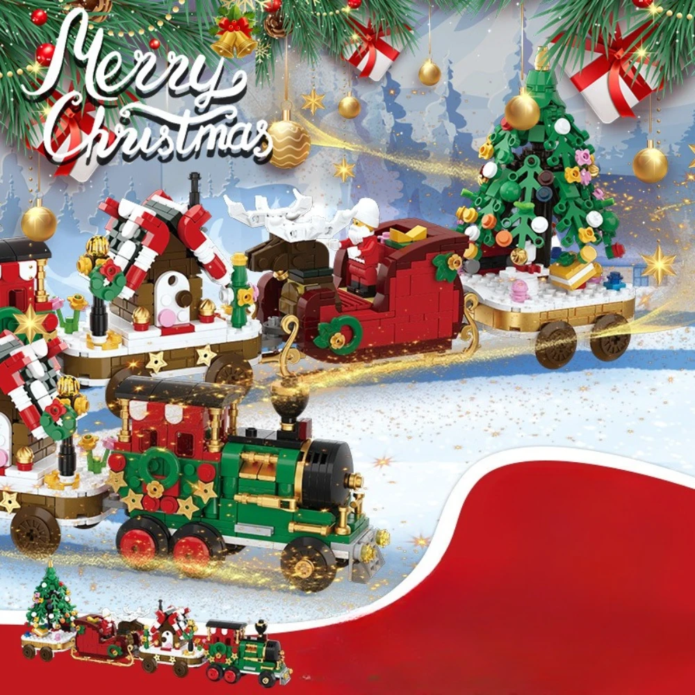 MOC 冬の村クリスマスホリデートレインビルディングブロックセットサンタクロースそり馬車キャンディーハウスおもちゃ子供ホリデーギフト