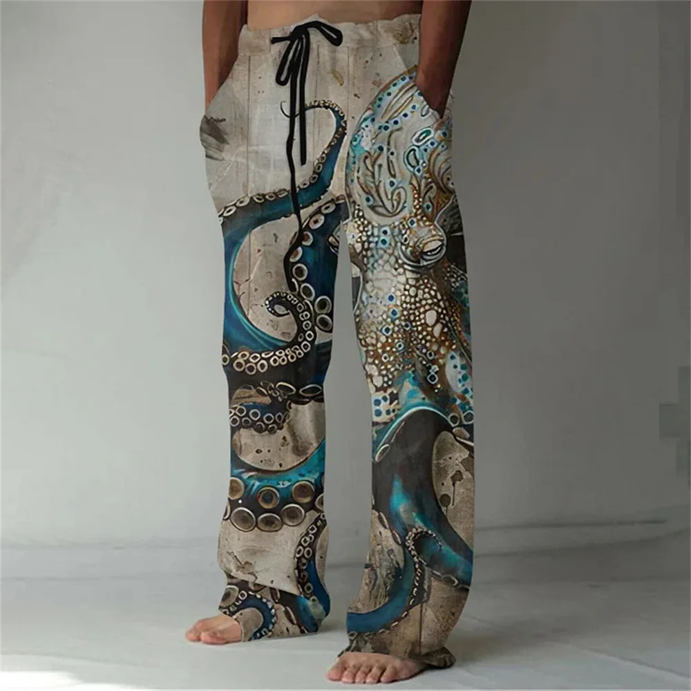 Summer trendy brand versatile daily beach pants octopus pattern 3D printed casual plus size men's casual pants