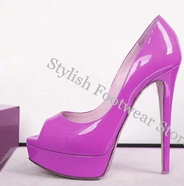 Classical Peep Toe Platform 14cm Heel Pumps Super High Heels Woman Solid Royal Blue Purple Patent Leather Banquet Dress Shoes view 5