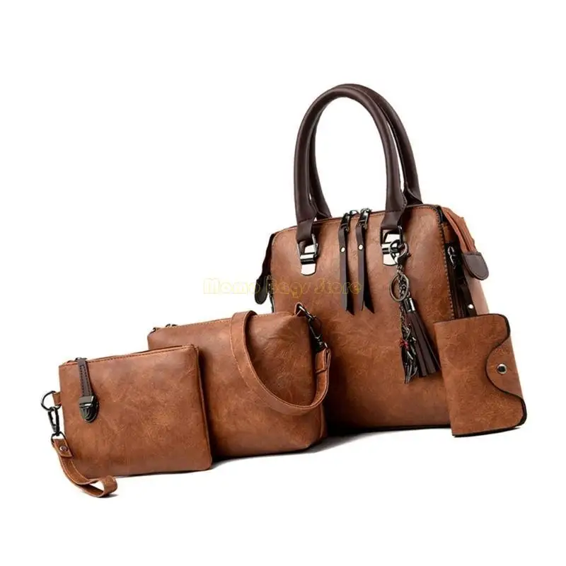 

X90D Multipurpose 4 In 1 Womens Shoulder Bag with Zippered and Tassels Charm PU Leather Top Handle Handbag Set Wallet Purse