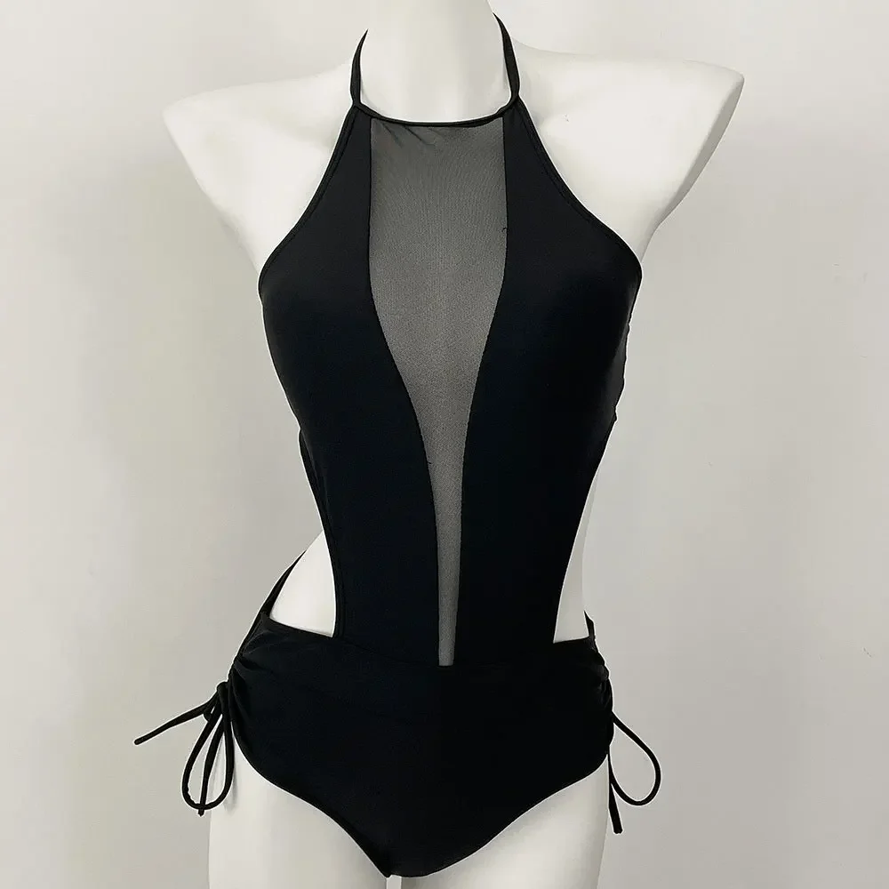 Women's One Piece Swimsuit Bathing Suit Deep High Neck Halter Back Tie Mesh Swimwear Beachwear