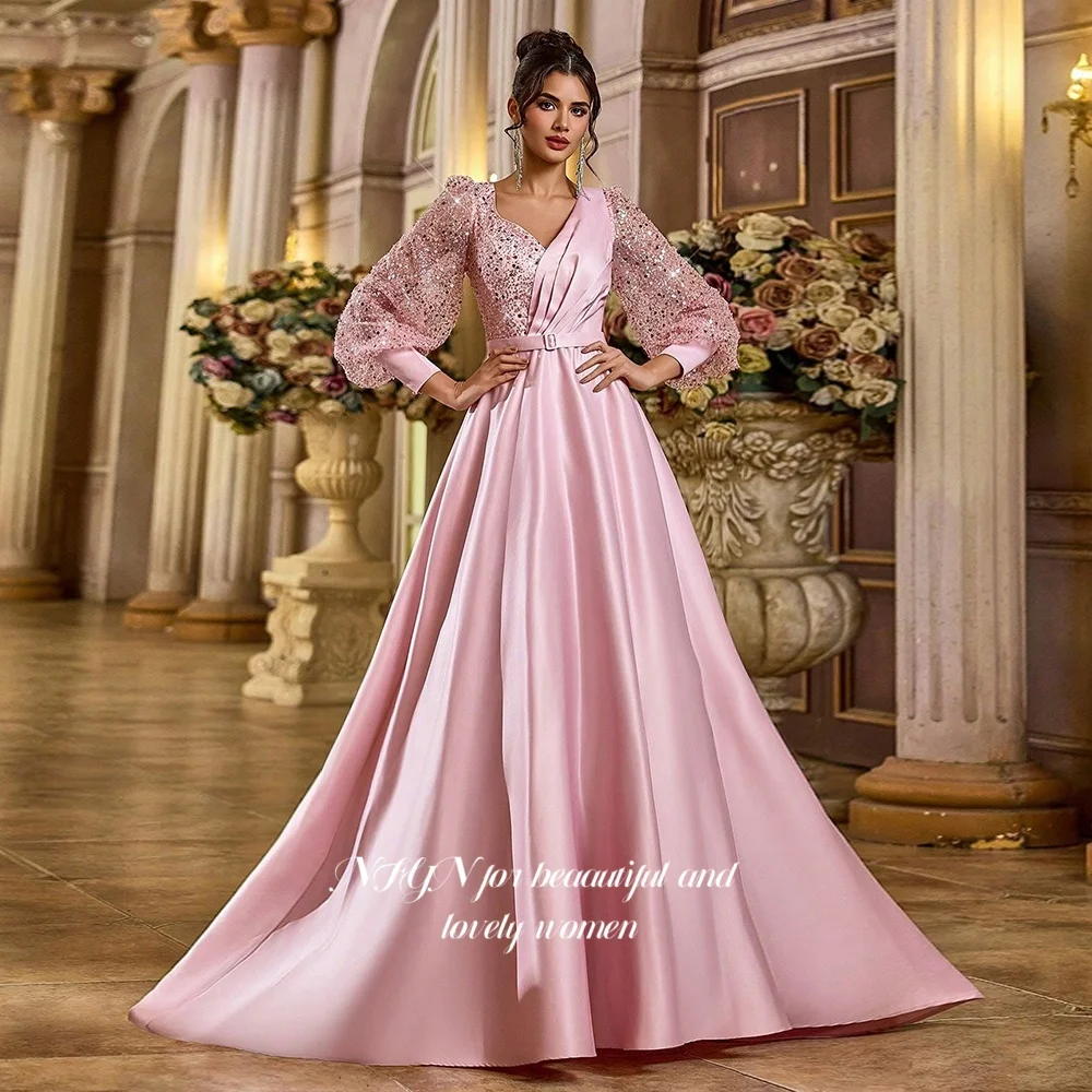

NFYN A Line Formal Gown Long Sleeve Prom Dresses Beading Princess Dress Evening Gowns for Women حزب فساتين Customized