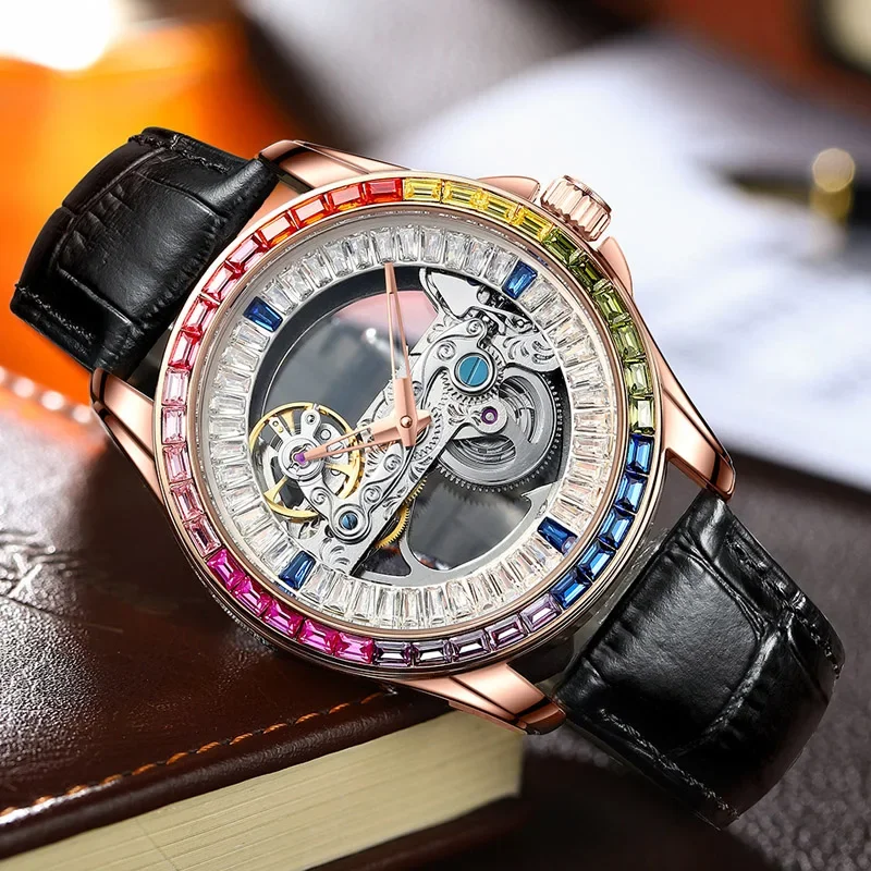 

Luxury Watch Men Automatic Tourbillon Mens Watches Iced Out AAA Diamond Wristatch Hollowed Mechanical Male Clock Waterproof